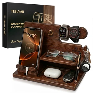 Wood Phone Docking Station for Men - Desk or Nightstand Organizer - Birthday Gifts for Husband, Dad - Anniversary Idea from Wife - Key Holder, Stand Wallet, Watch & Essentials (Bourbon Brown) Wood Phone Docking Station for Men - Desk or Nightstand Organizer - Birthday Gifts for Husband, Dad - Anniversary Idea from Wife - Key Holder, Stand Wallet, Watch & Essentials (Bourbon Brown)