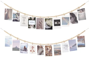 Hanging Photo Display with Clips, 2 Pcs Boho Wood Beads String Banner Hanging Photo Display with Clips, 2 Pcs Boho Wood Beads String Banner