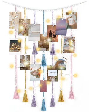 Hanging Photo Display, Boho Decor with String Lights, 30 Wood Clips | Multi Color, Room Decor for Teen Girls, Macrame Wall Decor, Aesthetic Cards Artwork Holder, Bedroom Nursery Living Room Dorm Hanging Photo Display, Boho Decor with String Lights, 30 Wood Clips | Multi Color, Room Decor for Teen Girls, Macrame Wall Decor, Aesthetic Cards Artwork Holder, Bedroom Nursery Living Room Dorm