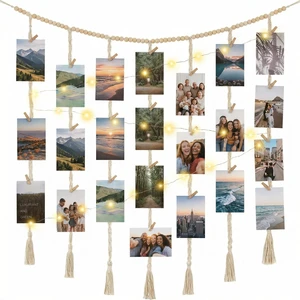 Macrame Hanging Photo Display with String Lights, Boho Wall Decor with Wooden Beads Garland & Clips, Picture Collage Holder for Bedroom Living Room Dorm, for Teen Girls Macrame Hanging Photo Display with String Lights, Boho Wall Decor with Wooden Beads Garland & Clips, Picture Collage Holder for Bedroom Living Room Dorm, for Teen Girls