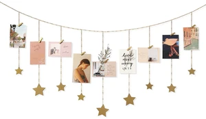 Hanging Photo Display, Boho Picture Wall Decor, 25 Wood Clips, Gold | Teen Girl Gift, Artworks Cards Holder, Wooden Stars, Metal Chains, Bedroom Living Room Dorm Office, Christmas Birthday Hanging Photo Display, Boho Picture Wall Decor, 25 Wood Clips, Gold | Teen Girl Gift, Artworks Cards Holder, Wooden Stars, Metal Chains, Bedroom Living Room Dorm Office, Christmas Birthday