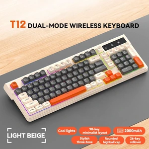 T12 Dual Mode Wireless Keyboard (2.4G + Bluetooth), 98-Key Compact Layout, Rechargeable RGB Backlit Gaming Keyboard, 26-Key Anti-Ghosting, Round Keycaps, Silent Keyboard for PC/Laptop/Tablet T12 Dual Mode Wireless Keyboard (2.4G + Bluetooth), 98-Key Compact Layout, Rechargeable RGB Backlit Gaming Keyboard, 26-Key Anti-Ghosting, Round Keycaps, Silent Keyboard for PC/Laptop/Tablet