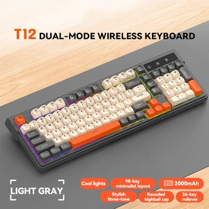 T12 Dual Mode Wireless Keyboard (2.4G + Bluetooth), 98-Key Compact Layout, Rechargeable RGB Backlit Gaming Keyboard, 26-Key Anti-Ghosting, Round Keycaps, Silent Keyboard for PC/Laptop/Tablet T12 Dual Mode Wireless Keyboard (2.4G + Bluetooth), 98-Key Compact Layout, Rechargeable RGB Backlit Gaming Keyboard, 26-Key Anti-Ghosting, Round Keycaps, Silent Keyboard for PC/Laptop/Tablet