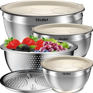Mixing Bowls with Airtight Lids, Stainless Steel Mixing Bowl Set with 3 Metal Nesting Bowls, Colander & Grater, Non-Slip Bottoms, Size 1.5, 2.5, 5 QT, Great for Mixing & Serving, Khaki Mixing Bowls with Airtight Lids, Stainless Steel Mixing Bowl Set with 3 Metal Nesting Bowls, Colander & Grater, Non-Slip Bottoms, Size 1.5, 2.5, 5 QT, Great for Mixing & Serving, Khaki