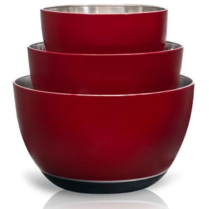 Stainless Steel Mixing Bowls Set, 3-Piece with Silicone Base | 1.5, 3 & 5 Qt Metal Bowls for Meal Prep, Baking, Cooking, Serving & Food Storage, Non-Slip Base, Dishwasher Safe, Red Stainless Steel Mixing Bowls Set, 3-Piece with Silicone Base | 1.5, 3 & 5 Qt Metal Bowls for Meal Prep, Baking, Cooking, Serving & Food Storage, Non-Slip Base, Dishwasher Safe, Red