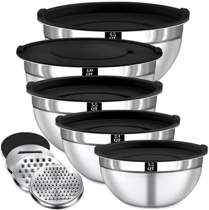 8PCS Mixing Bowls with Lids Set - 5 Nesting Mixing Bowls, 3 Grater Attachments, Lids, Stainless Steel Mixing Bowls for Mixing & Serving, Size 1.5/2.1/3.5/4/4.5 QT, Black 8PCS Mixing Bowls with Lids Set - 5 Nesting Mixing Bowls, 3 Grater Attachments, Lids, Stainless Steel Mixing Bowls for Mixing & Serving, Size 1.5/2.1/3.5/4/4.5 QT, Black