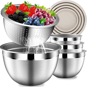 Stainles Steel Mixing Bowls with Lids Set, Stackable Metal Mixing & Serving Bowl with Strainer, 5-Piece - Beige Stainles Steel Mixing Bowls with Lids Set, Stackable Metal Mixing & Serving Bowl with Strainer, 5-Piece - Beige