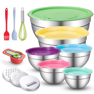 Stainless Steel Mixing Bowls with Lids Set, 3 Grater Inserts | 6 nesting stainless steel bowls, 0.7-4 QT, 6 lids, 3 grater inserts, measuring set, spatula and brush for prep and baking Stainless Steel Mixing Bowls with Lids Set, 3 Grater Inserts | 6 nesting stainless steel bowls, 0.7-4 QT, 6 lids, 3 grater inserts, measuring set, spatula and brush for prep and baking