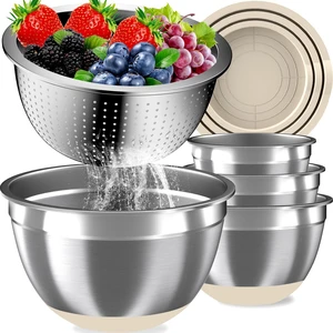 Mixing Bowls with Airtight Lids Set, 4 Stainless Steel Bowls Nesting Bowls & Colander, Kitchen Organizers and Storage Non-Slip Bottom, Size 1.5/2.0/2.5/4.5QT, Great for Mixing & Serving, Khaki Mixing Bowls with Airtight Lids Set, 4 Stainless Steel Bowls Nesting Bowls & Colander, Kitchen Organizers and Storage Non-Slip Bottom, Size 1.5/2.0/2.5/4.5QT, Great for Mixing & Serving, Khaki