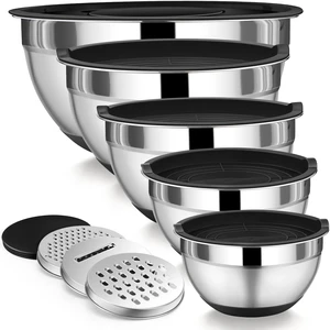 Mixing Bowls with Lid Set, Nesting Bowl for Storing, Black | 5 Piece Stainless Steel Salad Mixing Bowls for Prepping, 3 Grater Attachments & Non-Slip Bottoms, Size 1/1.5/2 / 2.6/4.6 QT Mixing Bowls with Lid Set, Nesting Bowl for Storing, Black | 5 Piece Stainless Steel Salad Mixing Bowls for Prepping, 3 Grater Attachments & Non-Slip Bottoms, Size 1/1.5/2 / 2.6/4.6 QT