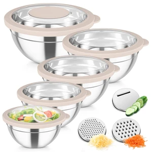 Mixing Bowls, Stainless Steel Salad Serving Bowl with Clear Lids | with 3 Graters, For Kitchen Cooking Prepping Storing, Size 4.6/2.6/1.5/1/0.7 QT, Nesting & Airtight, Set of 5 & Khaki Mixing Bowls, Stainless Steel Salad Serving Bowl with Clear Lids | with 3 Graters, For Kitchen Cooking Prepping Storing, Size 4.6/2.6/1.5/1/0.7 QT, Nesting & Airtight, Set of 5 & Khaki