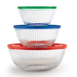 Sculpted (3-Pack) Glass Mixing Bowls Set With Plastic Lids | For prepping, baking, & cooking, preheated oven, dishwasher, mircrowave & freezer safe Sculpted (3-Pack) Glass Mixing Bowls Set With Plastic Lids | For prepping, baking, & cooking, preheated oven, dishwasher, mircrowave & freezer safe