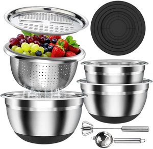 Stainless Steel Mixing Bowls Set with Lids & Silicone Base,7Piece Set | Including 4 Nesting Bowls (1.5, 2, 2.5, 4.5 QT), Colander, Grater, Egg Separator, Dishwasher Safe, Black Stainless Steel Mixing Bowls Set with Lids & Silicone Base,7Piece Set | Including 4 Nesting Bowls (1.5, 2, 2.5, 4.5 QT), Colander, Grater, Egg Separator, Dishwasher Safe, Black