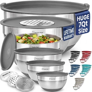 6pc Stainless Steel Mixing Bowls with Lids Set, 7 Qt, Grey | Non-Slip Nesting Bowls, 3 Graters and Interior Measurement Marks; For Meal Prep, Baking and Airtight Fridge Storage 6pc Stainless Steel Mixing Bowls with Lids Set, 7 Qt, Grey | Non-Slip Nesting Bowls, 3 Graters and Interior Measurement Marks; For Meal Prep, Baking and Airtight Fridge Storage