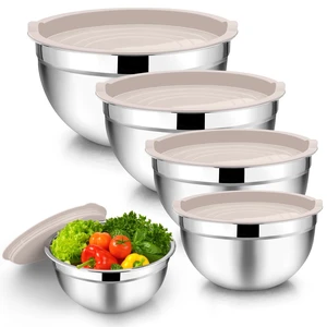 Mixing Bowls Set of 5, Stainless Steel Metal Salad Bowls with Lids | 4.5/3/1.5/1/0.7 QT, Nesting Bowls, Ideal for Mixing Prepping Serving, Non-Toxic & Sturdy, Airtight Lid & Easy Clean, Khaki Mixing Bowls Set of 5, Stainless Steel Metal Salad Bowls with Lids | 4.5/3/1.5/1/0.7 QT, Nesting Bowls, Ideal for Mixing Prepping Serving, Non-Toxic & Sturdy, Airtight Lid & Easy Clean, Khaki