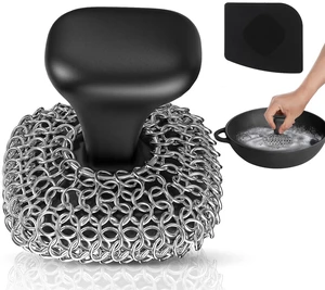Cast Iron Scrubber Dish Scrub Brush for Cast Iron Pan Skillet | 316 Cast Iron Cleaner, Chain Mail Scrubber Cast Iron, Dish Scouring Pad, Dishwasher Safe, Cleaning Kit, Black Cast Iron Scrubber Dish Scrub Brush for Cast Iron Pan Skillet | 316 Cast Iron Cleaner, Chain Mail Scrubber Cast Iron, Dish Scouring Pad, Dishwasher Safe, Cleaning Kit, Black