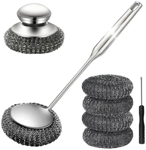 Steel Wool Scrubber with Handle: 7Pcs Stainless Steel Scrubber Brush Set 1 Long Brushes,1 Short Brushes,4 Replaceable Pads,1 Screwdriver for Home Cooks,BBQ Enthusiasts,Anti-Scratch,for Kitchen Steel Wool Scrubber with Handle: 7Pcs Stainless Steel Scrubber Brush Set 1 Long Brushes,1 Short Brushes,4 Replaceable Pads,1 Screwdriver for Home Cooks,BBQ Enthusiasts,Anti-Scratch,for Kitchen