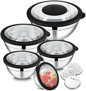 Mixing Bowls, Stainless Steel Salad Mixing Bowl with Lid & Grater Set | Metal Nesting Bowl w/Clear Lids & 3-Grater for Kitchen Prepping/Serving/Baking/Storage, 4.6/2.6/1.5/1/0.7 QT, Black, Set of 5 Mixing Bowls, Stainless Steel Salad Mixing Bowl with Lid & Grater Set | Metal Nesting Bowl w/Clear Lids & 3-Grater for Kitchen Prepping/Serving/Baking/Storage, 4.6/2.6/1.5/1/0.7 QT, Black, Set of 5