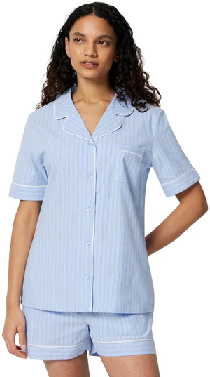 Amazon Essentials Women's Cotton Stretch Poplin Pajama Set, Short Sleeve Button-Down with Shorts, Blue Pinstripe, Large Amazon Essentials Women's Cotton Stretch Poplin Pajama Set, Short Sleeve Button-Down with Shorts, Blue Pinstripe, Large