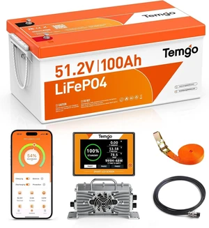 TEMGO 48V 100Ah Lithium Golf Cart Battery, 51.2V LiFePO4 Deep Cycle Battery with 200A Smart BMS, APP Monitoring, LCD Display, 58.4V 18A Charger TEMGO 48V 100Ah Lithium Golf Cart Battery, 51.2V LiFePO4 Deep Cycle Battery with 200A Smart BMS, APP Monitoring, LCD Display, 58.4V 18A Charger
