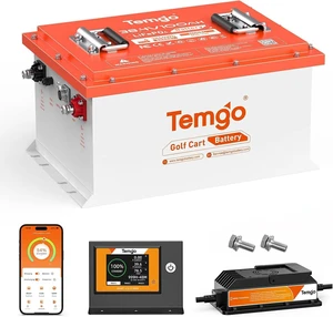 TEMGO 48V 100Ah LiFePO4 Golf Cart Lithium Battery, 51.2V Deep Cycle, 200A Smart BMS, APP, LCD Display, 58.4V 18A Charger TEMGO 48V 100Ah LiFePO4 Golf Cart Lithium Battery, 51.2V Deep Cycle, 200A Smart BMS, APP, LCD Display, 58.4V 18A Charger
