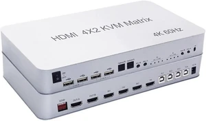 4x2 HDMI KVM Switch Matrix 4K@60Hz, 4 in 2 Out Dual Monitor Extended Display, USB 2.0, Optical + 3.5mm Audio, LPCM Dolby DTS, IR Remote + Hotkey, for 4 PC 2 Monitor 4x2 HDMI KVM Switch Matrix 4K@60Hz, 4 in 2 Out Dual Monitor Extended Display, USB 2.0, Optical + 3.5mm Audio, LPCM Dolby DTS, IR Remote + Hotkey, for 4 PC 2 Monitor