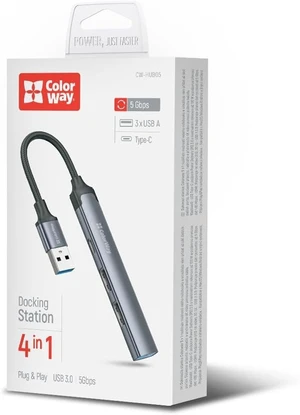 ColorWay 4-in-1 USB Hub, USB 3.0 Dock, 3 USB-A and Type-C Ports, 5Gbps, Aluminum, Gray ColorWay 4-in-1 USB Hub, USB 3.0 Dock, 3 USB-A and Type-C Ports, 5Gbps, Aluminum, Gray