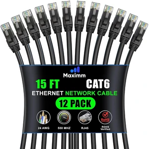 Maximm Cat6 Ethernet Cable 15 Ft, 10 Gbps 550 MHz, Black, 12 Pack Maximm Cat6 Ethernet Cable 15 Ft, 10 Gbps 550 MHz, Black, 12 Pack