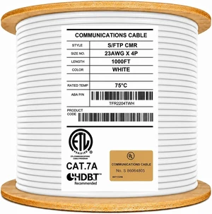 Elite CAT7A Shielded Riser (CMR), Ethernet Cable 1000ft Reel, Shielded Foil Twisted Pair (S/FTP) 23AWG, Solid Pure Bare Copper, 1000MHz, UL Certified, Easy Pull, Bulk Networking Cable - White Elite CAT7A Shielded Riser (CMR), Ethernet Cable 1000ft Reel, Shielded Foil Twisted Pair (S/FTP) 23AWG, Solid Pure Bare Copper, 1000MHz, UL Certified, Easy Pull, Bulk Networking Cable - White