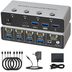 HDMI2.1 KVM Switch 4 Computers 1 Monitor, 8K@60Hz HD 4 in 1 Out, with 3 USB3.0, 1 Type C Outputs, 4 PCs Sharing Monitor, Keyboard Mouse Printer HDMI2.1 KVM Switch 4 Computers 1 Monitor, 8K@60Hz HD 4 in 1 Out, with 3 USB3.0, 1 Type C Outputs, 4 PCs Sharing Monitor, Keyboard Mouse Printer