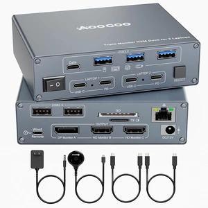 KVM Switch 3 Monitors 2 Laptops 4K@60Hz,USB C KVM Switch Docking Station for Windows Mac,with PD 100W,SD/TF,1G Ethernet, Wired Remote Control and USB C Cables KVM Switch 3 Monitors 2 Laptops 4K@60Hz,USB C KVM Switch Docking Station for Windows Mac,with PD 100W,SD/TF,1G Ethernet, Wired Remote Control and USB C Cables