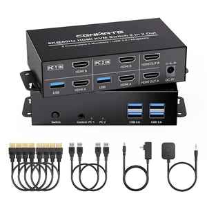 8K@60Hz HDMI KVM Switch 2 Monitors 2 Computers, with 4 USB 3.0 Ports for 2 Computers Sharing Dual Monitors Keyboard Mouse Printer with 4 HDMI Cables, 2 USB Cables, Power Adapter and Controller 8K@60Hz HDMI KVM Switch 2 Monitors 2 Computers, with 4 USB 3.0 Ports for 2 Computers Sharing Dual Monitors Keyboard Mouse Printer with 4 HDMI Cables, 2 USB Cables, Power Adapter and Controller