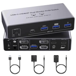 USB C KVM Switch 2 Monitors for 1 Laptop 1 Desktop, 4K@60Hz Dual Monitors HDMI + DP KVM Switch for 4 USB 3.0 Ports,Docking Station KVM Switches, PD Charging,with Wired Remote Control and USB Cable USB C KVM Switch 2 Monitors for 1 Laptop 1 Desktop, 4K@60Hz Dual Monitors HDMI + DP KVM Switch for 4 USB 3.0 Ports,Docking Station KVM Switches, PD Charging,with Wired Remote Control and USB Cable