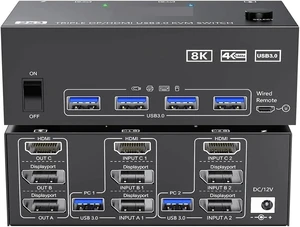 USB Charger Station, KVM Switch 3 Monitors 2 Computers 8K@60Hz 4K@144Hz Triple USB3.0 USB Charger Station, KVM Switch 3 Monitors 2 Computers 8K@60Hz 4K@144Hz Triple USB3.0