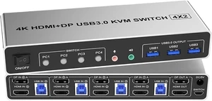 USB Charger Station, 4 Port DP Monitor Switch PCs 2 Dual 4K KVMs Microphone Output 3 USB USB Charger Station, 4 Port DP Monitor Switch PCs 2 Dual 4K KVMs Microphone Output 3 USB