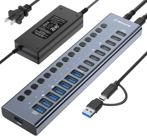 Powered USB 3.2 Hub, 16 Port USB Hub with 10Gbps Data Speed, 8 USB-A & 8 USB-C Ports, 96W Power Adapter for PC, Laptop, Printer, Camera Powered USB 3.2 Hub, 16 Port USB Hub with 10Gbps Data Speed, 8 USB-A & 8 USB-C Ports, 96W Power Adapter for PC, Laptop, Printer, Camera