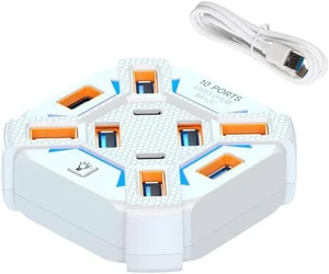 USB 3.0 Hub 10-Port with 3.9ft Long Cable, Multi-Port USB Splitter for Laptop with Lights, 8 USB A & 2 USB C Extender for Laptop/Desktop/PC/Car/Xbox/PS5/Flash Drive/HDD, White USB 3.0 Hub 10-Port with 3.9ft Long Cable, Multi-Port USB Splitter for Laptop with Lights, 8 USB A & 2 USB C Extender for Laptop/Desktop/PC/Car/Xbox/PS5/Flash Drive/HDD, White