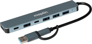 Maplin Multiport Hub - 7 Port Adapter with 4X USB-A 2.0, 1x USB-A 3.0 (5Gbps), 2X USB-C Dual Input, 13cm Cable, Plug & Play, Compatible with Windows, Mac, Linux, Chrome OS Maplin Multiport Hub - 7 Port Adapter with 4X USB-A 2.0, 1x USB-A 3.0 (5Gbps), 2X USB-C Dual Input, 13cm Cable, Plug & Play, Compatible with Windows, Mac, Linux, Chrome OS