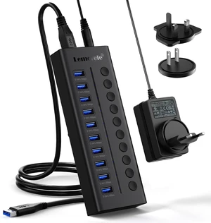 Lemorele 10 Port USB 3.0 Powered Hub, 10x USB-A 5Gbps Data Ports Lemorele 10 Port USB 3.0 Powered Hub, 10x USB-A 5Gbps Data Ports