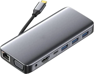 KouRy Plugable 10-in-1 USB-C Adapter with HDMI, VGA, 100W PD, 3 USB 3.0 Port, Ethernet, 3.5mm Audio Port, SD/TF Card Reader KouRy Plugable 10-in-1 USB-C Adapter with HDMI, VGA, 100W PD, 3 USB 3.0 Port, Ethernet, 3.5mm Audio Port, SD/TF Card Reader