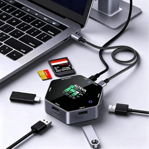 USB C Hub 8 in 1 with 4K HDMI, PD 100W, Dual USB-A 3.1, USB-C 3.1, SD/TF Card Reader, LCD Screen, Touch Control, Built-in Cooling Fan, Tempered Glass USB C Hub 8 in 1 with 4K HDMI, PD 100W, Dual USB-A 3.1, USB-C 3.1, SD/TF Card Reader, LCD Screen, Touch Control, Built-in Cooling Fan, Tempered Glass
