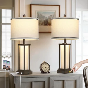 27in Tall Farmhouse Table Lamp Set of 2 with USB C+A & Outlet,Brown Industrial End Table Lamp for Living Room,Vintage Rustic Bedside Lamps with Night Light for Bedroom Nightstand,Brown 27in Tall Farmhouse Table Lamp Set of 2 with USB C+A & Outlet,Brown Industrial End Table Lamp for Living Room,Vintage Rustic Bedside Lamps with Night Light for Bedroom Nightstand,Brown