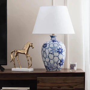 Hand-Painted Blue & White Gilded Ceramic Table Lamp - 26.3in Tall, Fabric Shade, E27 Base (Max 5W), Push-Button Switch for Living Room, Bedroom, Study Decor Hand-Painted Blue & White Gilded Ceramic Table Lamp - 26.3in Tall, Fabric Shade, E27 Base (Max 5W), Push-Button Switch for Living Room, Bedroom, Study Decor