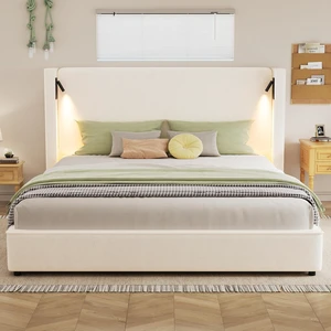 King Size Upholstered Bed Frame with High Wingback Headboard, Reading Lamp & USB Port, Beige Soft Fabric, No Box Spring Needed, Ideal for Bedroom Reading Device Charging Relaxing King Size Upholstered Bed Frame with High Wingback Headboard, Reading Lamp & USB Port, Beige Soft Fabric, No Box Spring Needed, Ideal for Bedroom Reading Device Charging Relaxing