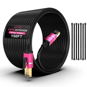 150FT Cat8 Outdoor Ethernet Cable, In-Ground, 26AWG Pure Copper Cat 8, Heavy Duty Direct Burial, LLDPE UV Jacket, Waterproof, 40Gbps 2000Mhz SFTP Patch Cord, POE, Network, Internet, with 25 Cable Ties 150FT Cat8 Outdoor Ethernet Cable, In-Ground, 26AWG Pure Copper Cat 8, Heavy Duty Direct Burial, LLDPE UV Jacket, Waterproof, 40Gbps 2000Mhz SFTP Patch Cord, POE, Network, Internet, with 25 Cable Ties