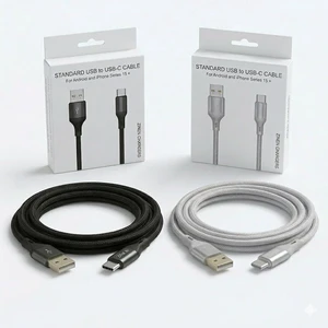 (50 Cables) Standard USB to USB-C Cable, Black, Nylon Braided, 5 Feet, 2A Charging USB Type C Charging Cord Compatible with iPhone Series 15 and Later, Android Phones Wholesale Bulk Lot (50 Cables) Standard USB to USB-C Cable, Black, Nylon Braided, 5 Feet, 2A Charging USB Type C Charging Cord Compatible with iPhone Series 15 and Later, Android Phones Wholesale Bulk Lot