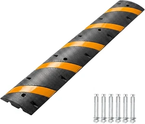Heavy-Duty Rubber Speed Bump Cable Protector Ramp - 2-Channel Modular Speed Hump for Driveway/Road, Anti-Slip, Reflective Yellow Stripe, 22,000 lb Load - 6FT x 1 + 2 End Caps Heavy-Duty Rubber Speed Bump Cable Protector Ramp - 2-Channel Modular Speed Hump for Driveway/Road, Anti-Slip, Reflective Yellow Stripe, 22,000 lb Load - 6FT x 1 + 2 End Caps