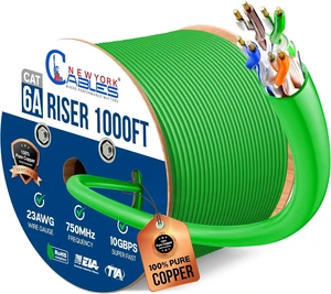 NewYork Cables Cat6a Riser Cable 1000ft - Certified 100% Solid Bare Copper Cat 6a Ethernet Cable CMR, 23 AWG, 750 MHz, PoE++ - Unshielded Twisted Pair (UTP) -10 GB High Speed for Networking & Gaming NewYork Cables Cat6a Riser Cable 1000ft - Certified 100% Solid Bare Copper Cat 6a Ethernet Cable CMR, 23 AWG, 750 MHz, PoE++ - Unshielded Twisted Pair (UTP) -10 GB High Speed for Networking & Gaming