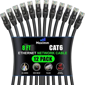 Maximm Cat 6 Ethernet Cable - 8 ft (12-Pack) - High-Speed LAN, Internet, Patch, Network Cable - UTP, 10Gbps, 550MHz Ethernet Cord - Black Maximm Cat 6 Ethernet Cable - 8 ft (12-Pack) - High-Speed LAN, Internet, Patch, Network Cable - UTP, 10Gbps, 550MHz Ethernet Cord - Black