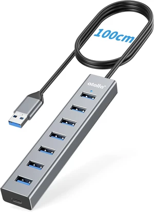 atolla Aluminum 7-Port USB 3.0 Hub with 1m Extension Cable - 5Gbps High-Speed Data Transfer for MacBook Pro, Laptop, PC, Gaming Setup-Gray atolla Aluminum 7-Port USB 3.0 Hub with 1m Extension Cable - 5Gbps High-Speed Data Transfer for MacBook Pro, Laptop, PC, Gaming Setup-Gray
